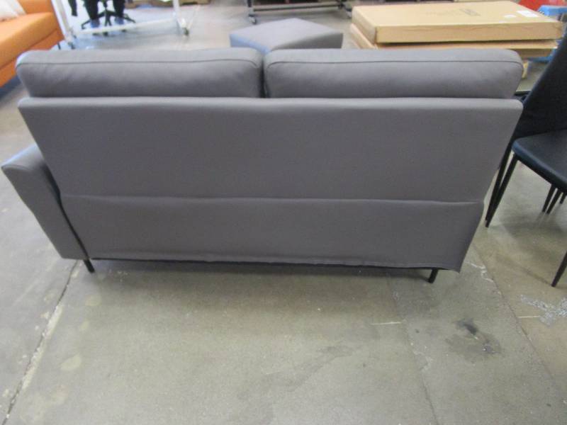 lot 344 image: Gray Leather Partial Sectional with White Throw Pillows (ONLY PARTIAL, PILLOWS ARE DIRTY)