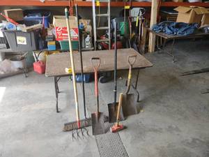 lot 68 image: (3) Shovels, Fork, Broom, & Sledge...