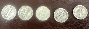 lot 22 image: LOT OF 5 SILVER MERCURY DIMES