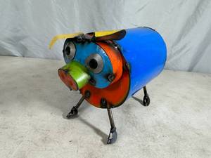 lot 149 image: New Handmade Recycled Metal Pig with Curly Q Tail