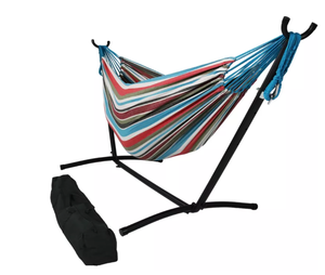 lot 11 image: Sunnydaze Large Double Brazilian Hammock with Stand and Carrying Case - 400 lb Weight Capacity - Cool Breeze (MISSING HOOK BOLT SET & THREADED KNOBS)