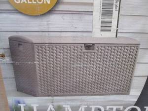 lot 4 image: Hampton Bay 120 Gal. Grey Resin Wicker Outdoor Storage Deck Box with Lockable Lid (OPEN BOX)