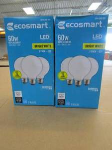 lot 77 image: 2 Packs of 3 EcoSmart 60-Watt Equivalent G25 Dimmable ENERGY STAR Frosted Glass Filament LED Vintage Edison Light Bulb Bright White - SOLD AS IS