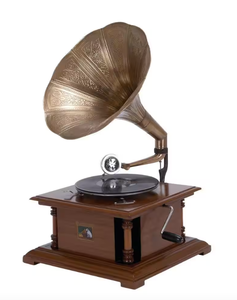 lot 58 image: Litton Lane Copper Wood Functional Gramophone with Record (MISSING HORN ADAPTER)