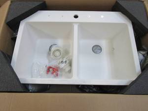 lot 81 image: Glacier Bay Stonehaven Drop-inUndermount Salt Granite Composite 33 in 5050 Double Bowl Kitchen Sink with White Strainer