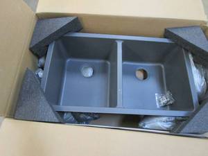 lot 82 image: Glacier Bay Stonehaven Undermount Charcoal Gray Granite Composite 33 in 5050 Double Bowl Kitchen Sink (MISSING STRAINERS)