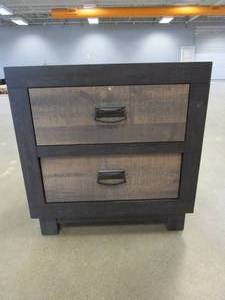 lot 110 image: Picket House Furnishings Harrison 2-Drawer Walnut Nightstand (SCRATCH & DENT, BOTTOM DRAWER - TROUBLE OPENING AND CLOSING, BACK HAS A CRACK, SEE PHOTOS)