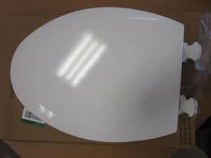 lot 117 image: BEMIS Elongated Closed Front Enameled Wood Toilet Seat in Cotton White Removes for Easy Cleaning (SCRATCHED ON TOP)