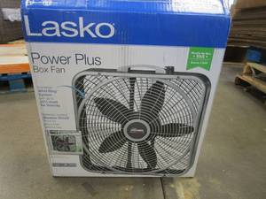 lot 149 image: Lasko 20 in. 3 Speeds Box Fan in Gray with Weather-Shield Design for Window Use, Energy Efficent, Carry Handle, Steel Body (OPEN BOX)