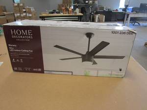 lot 148 image: Home Decorators Collection Merwry 52 in. Integrated LED Indoor Matte Black Ceiling Fan with Light Kit and Remote Control (OPEN BOX)