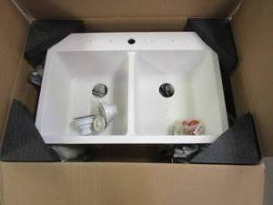 lot 162 image: Glacier Bay Stonehaven Drop-inUndermount Salt Granite Composite 33 in 5050 Double Bowl Kitchen Sink with White Strainer