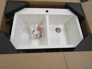 lot 163 image: Glacier Bay Stonehaven Drop-inUndermount Salt Granite Composite 33 in 5050 Double Bowl Kitchen Sink with White Strainer