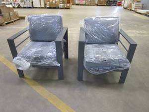 lot 171 image: 2 Pack Metal Patio Chairs in Dark Gray with Gray Cushions
