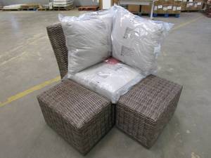 lot 174 image: Brown Wicker Corner Chair with 2 Padded Ottomans & Beige Cushions
