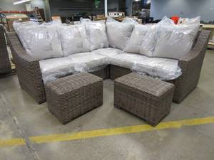 lot 175 image: Hampton Bay Rock Cliff 5-Piece Brown Wicker Outdoor Patio Sectional Sofa Set with Ottoman and CushionGuard Almond Tan Cushions