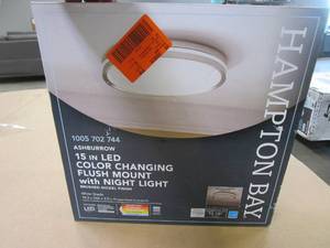 lot 191 image: Hampton Bay Ashburrow 15 in. LED Color Changing Flush Mount with Night Light Brushed Nickel Finish (OPEN BOX)