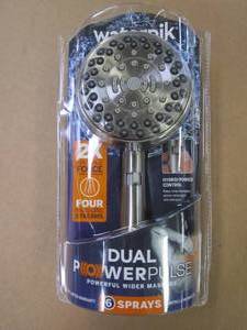 lot 208 image: Waterpik 6-Spray Patterns 4.5 in. Single Wall Mount Adjustable Handheld Shower Head in Brushed Nickel (OPEN PACKAGING)