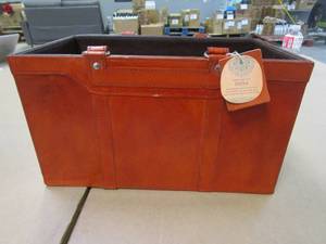 lot 231 image: Litton Lane Brown Handmade Box Style Standing Magazine Holder with Detail Stitching and Curved Handles