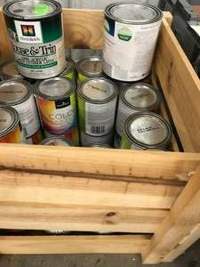 lot 114 image: ASSORTED QUART BASE PAINT WITH WOOD CRATE