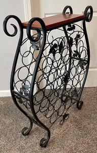 lot 80 image: Large Decorative Metal Wine  Bottle Rack with Wooden Top