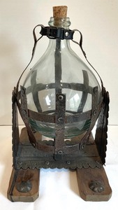 lot 88 image: Vintage French Decanter with Wooden Base and Metal Brackets