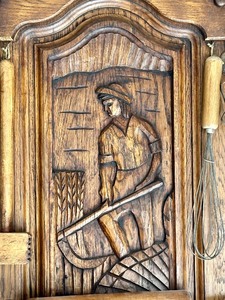 lot 12 image: Lovely Carved Decorative German Kitchen Board with Rolling Pins and Utensils