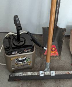 lot 445 image: Assorted Lawn Care Tools including Hedge trimmer, Garage Floor Squeegee.