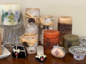 lot 427 image: Variety of Decorative Candles including Partylight Quad Prism Lead Crystal Square Pedestal Pillar Candle Holder
