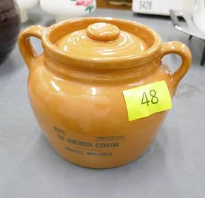 lot 48 image: Vintage bean pot with advertising for the elevator in Wabasso, MN