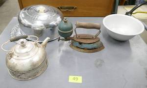 lot 49 image: Group of old metal household items, iron, tea kettle, bowl, coffee pot, cake cover with glass plate