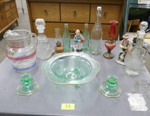 lot 51 image: Lot of glassware including a matching light green 3 footed bowl and candle holders