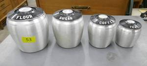lot 53 image: Very nice condition Sugar Flour Coffee Tea canister set