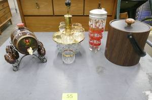 lot 55 image: Bar Ware - Shaker, ice bucket, decanters with shot glasses
