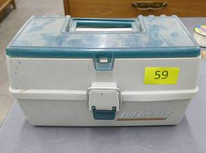 lot 59 image: 2 drawer tackle box with a bunch of bobbers and small lures