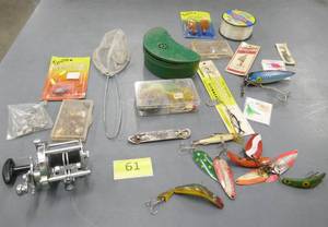 lot 61 image: Group of lures, waist baitfly box and nice Pflueger Rocket reel