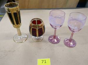 lot 71 image: 2 Ruby Red and Gold cordial glasses and 2 pink wine glasses