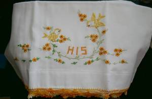 lot 199 image: Vintage linens, pillow cases - embroidered, no stains or yellowing