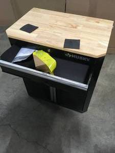 lot 32 image: Husky Ready-to-Assemble 24-Gauge Steel 1-Drawer 2-Door Garage Base Cabinet in Black (28 in. W x 33 in. H x 18 in. D) Customer Returns See Pictures