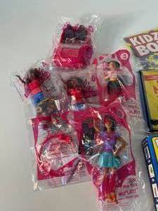 lot 8 image: assorted McDonalds Happy Meal toys, 3 Happy Meal flattened bags, CDs, Barbie toys - lot of 25