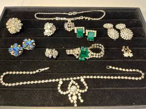 lot 57 image: get your bling on  2 rhinestone necklaces, 1 bracelet, 7 pairs of earrings of sparkling beauty