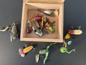 lot 108 image: valuable lot of antique lures in wood cigar box - ribbit, ribbit