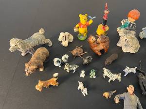 lot 111 image: 30 assorted figurines  plastic, porcelain, Olive Oyl, PeeWee Herman, various cute animals
