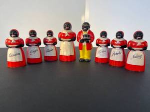 lot 114 image: antique salt & pepper shakers  spice set of 8 plastic figurines