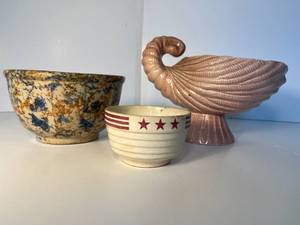 lot 123 image: 3 ceramic bowls incldg. Red Wing, Spongeware, red stars & stripes