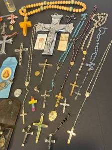 lot 129 image: wonderful collection of mainly vintage Catholic sacramentals crosses, rosaries, holy water from Jerusalem, 