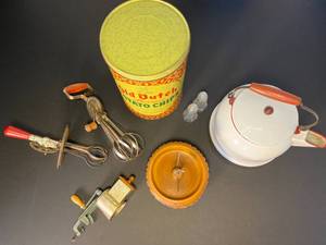 lot 133 image: nostalgic kitchen goodies Old Dutch Potato Chip canister, saltpepper shakers, hand beaters, Titan grinder, nut dish w cracker & picks, enamel tea kettle