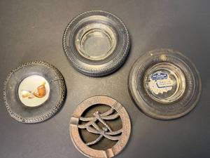 lot 134 image: 3 fun tire promo ashtrays  Dunlop, Goodrich, Firestone  cast iron dragonfly ashtray