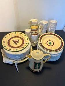 lot 148 image: 62-piece set of Lodge enamelware plates, bowls, mugs, serving plate, coffee pot - unused - still in wrapping