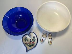 lot 156 image: blue & white theme blue glass bowl, heavy white bowl marked Sande, heart-shaped ceramic French spoon rest  wooden shoes