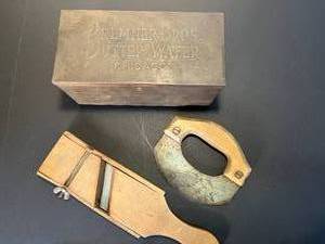 lot 163 image: two antique tools  tin cookie box